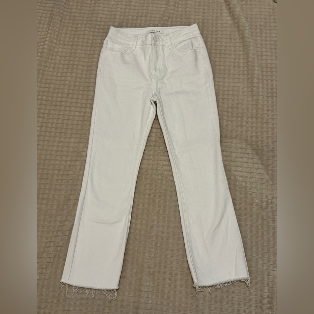 Eunina Women's White Straight Leg Jeans with Distressed Cuffs